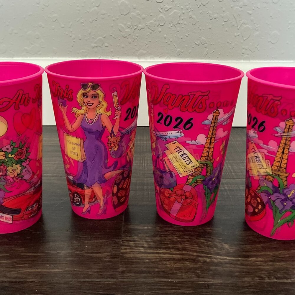 Mardi Gras Krewe Of Iris 2026 4 Cups Holographic Design Soild Pink Inside
